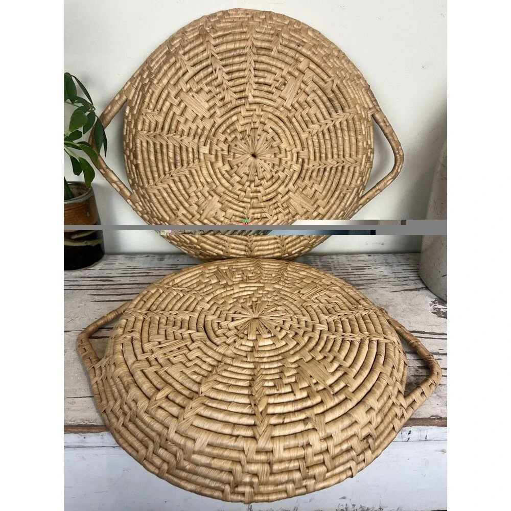 Vintage Woven Wicker Nesting Baskets Sunburst Pattern W/ Handles 14” x 11” Boho